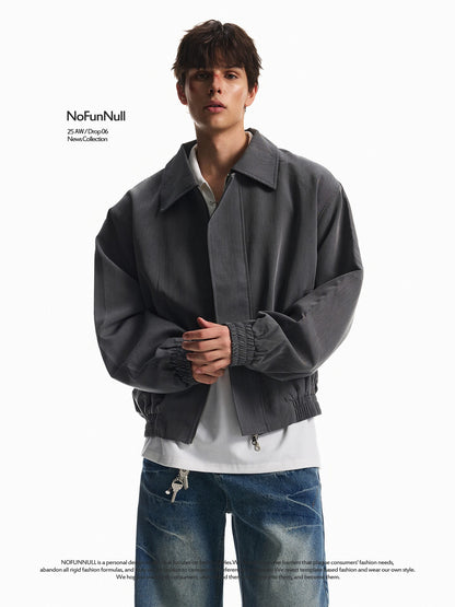 سترة نظيفة بسحاب مزدوج مع كتف مبطن للرجال، جاكيت بومبر قصير واسع وفضفاض لخريفي